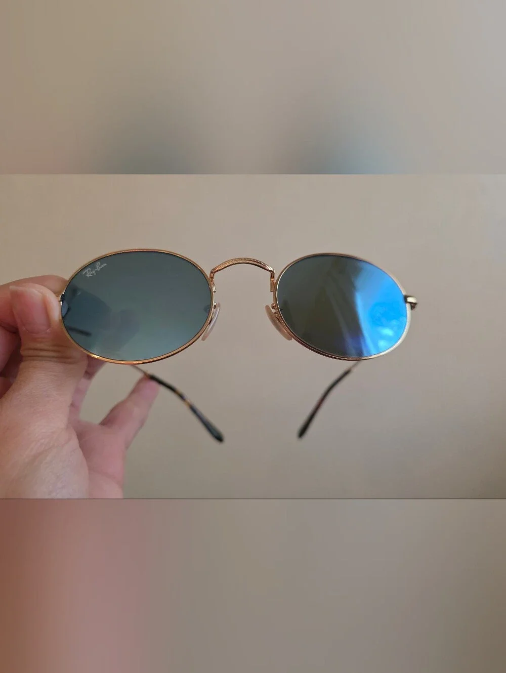 Round Metal Sunglasses in Gold with Green-Blue Lenses